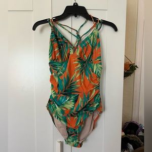 Orange and green one piece bathing suit